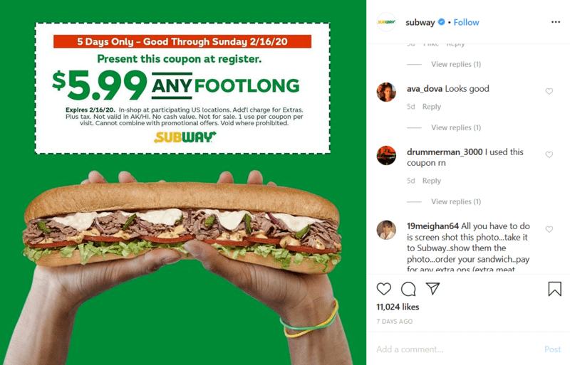 Subway Restaurant Instagram Marketing Post